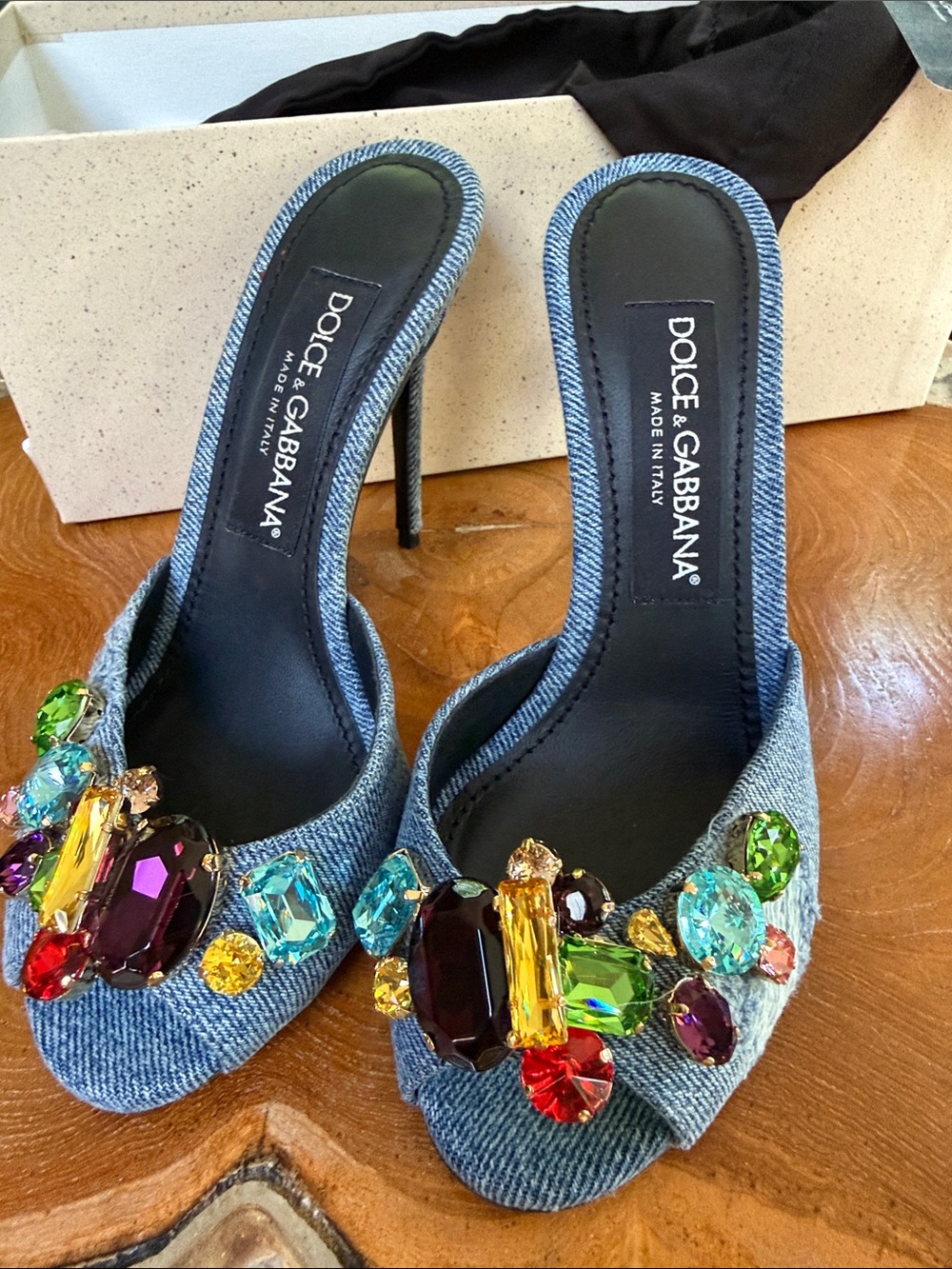 Dolce & Gabbana Denim Mules with Multicolored Gem Embellishments